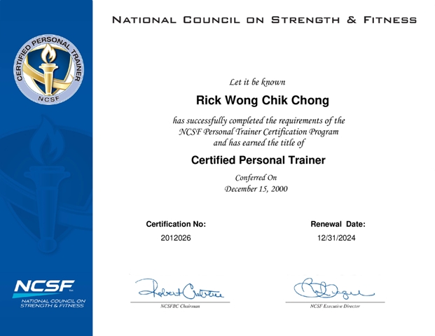 Image of Rick Wong's NCSF Personal Trainer Certificate.