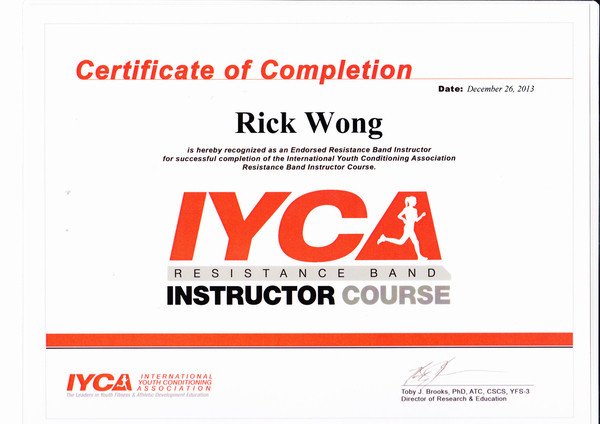 Photo of Rick Wong's IYCA Resistance Band Instructor certificate.