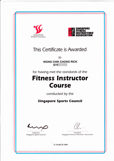 Photo of Rick Wong's fitness instructor certificate.