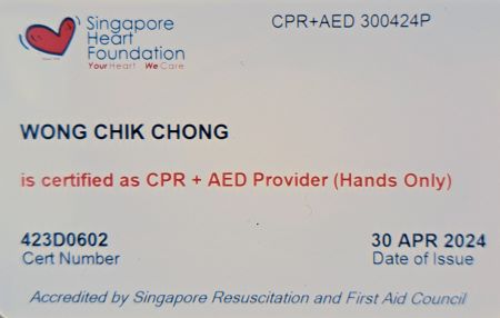 Image of Rick Wong's CPR /AED Certificate - Front View.
