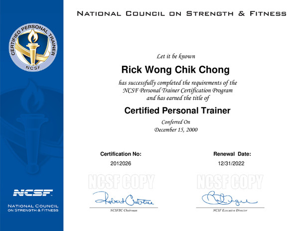 Image of Rick Wong's NCSF Personal Trainer Certificate.