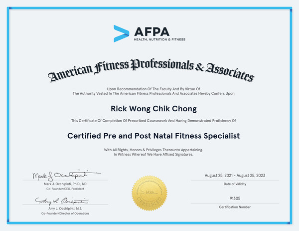 Image of Rick Wong's Pre-Post Natal Fitness Specialist Certificate.