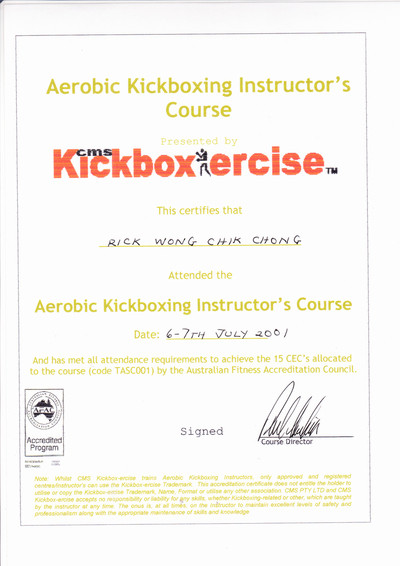 Photo of Rick Wong's Aerobic Kickboxing Instructor Certificate.
