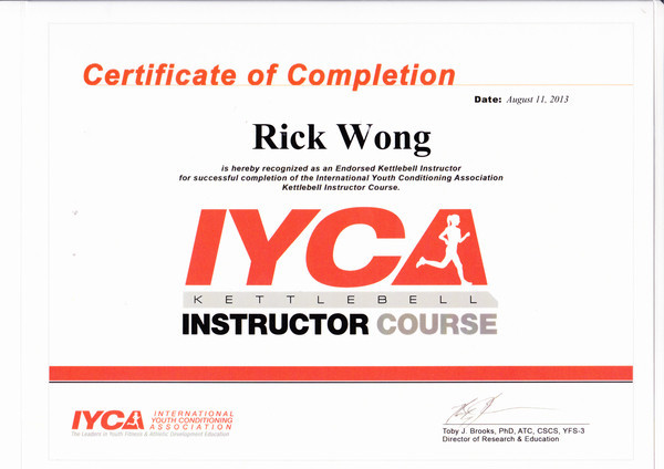 Photo of Rick Wong's kettlebell instructor certificate.
