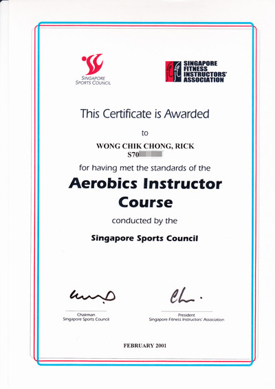 Photo of Rick Wong's Aerobics and Group Exercise Instructor Certificate.