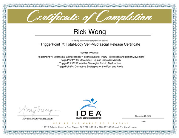 Image of Rick Wong's TriggerPoint Total-Body Self-Myofascial Release Certificate